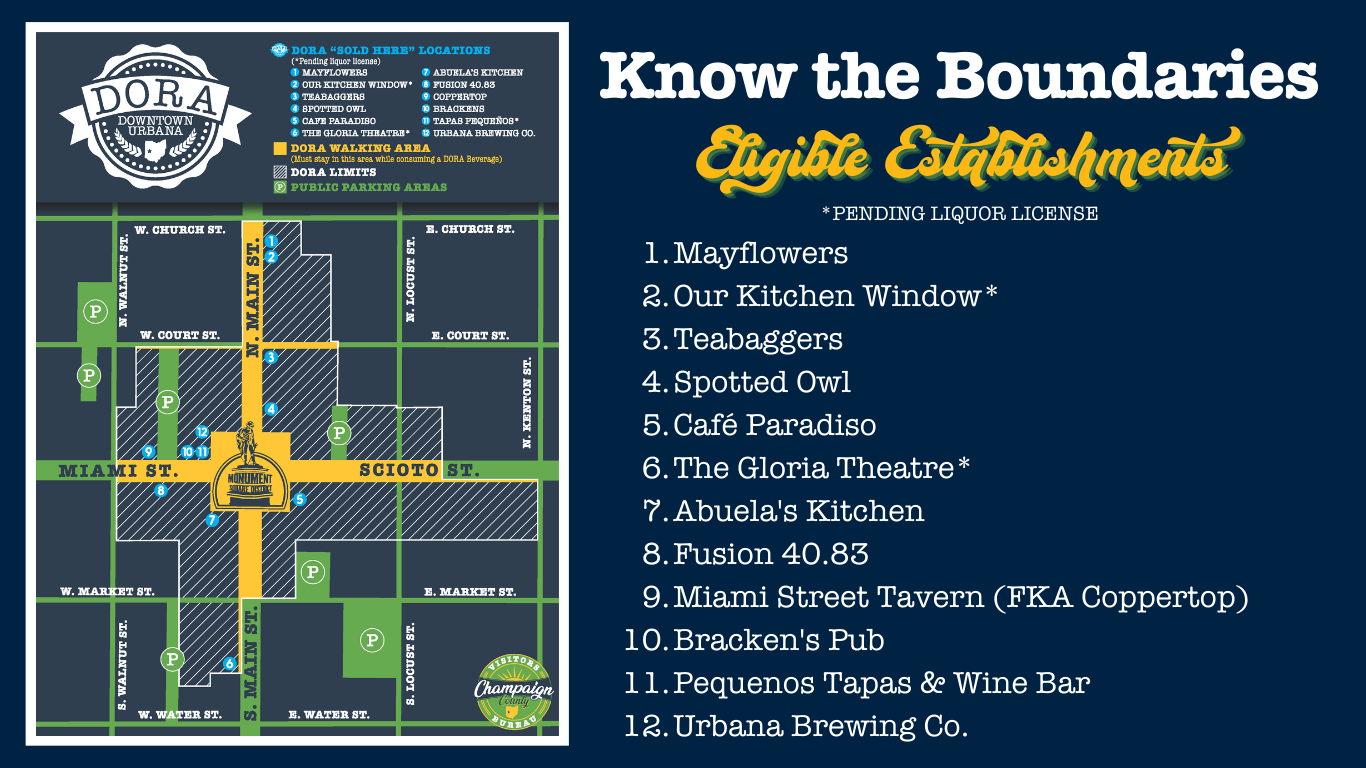 Downtown Urbana DORA Boundaries and Participating Establishments